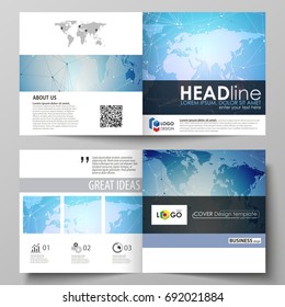 The minimalistic vector illustration of the editable layout of two covers templates for square design brochure, flyer, booklet. World map on blue, geometric technology design, polygonal texture.