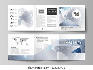 The minimalistic vector illustration of the editable layout. Two modern creative covers design templates for square brochure or flyer. Technology concept. Molecule structure, connecting background.