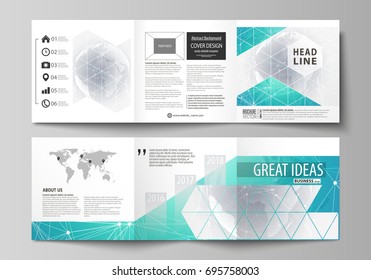The minimalistic vector illustration of editable layout. Two modern creative covers design templates for square brochure or flyer. Chemistry pattern. Molecule structure. Medical, science background.