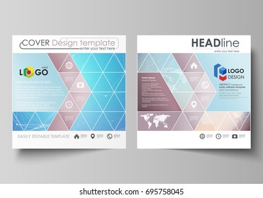 The minimalistic vector illustration of the editable layout of two square format covers design templates for brochure, flyer, booklet. Molecule structure. Science, technology concept. Polygonal design
