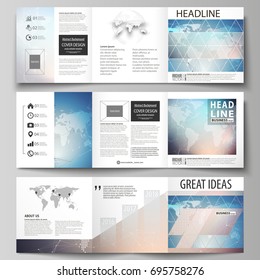 The Minimalistic Vector Illustration Of The Editable Layout. Three Creative Covers Design Templates For Square Brochure Or Flyer. Polygonal Geometric Linear Texture. Global Network, Dig Data Concept.