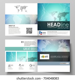 The minimalistic vector illustration of the editable layout of two covers templates for square design brochure, flyer, booklet. Molecule structure, connecting lines and dots. Technology concept