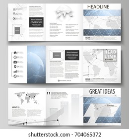 The minimalistic vector illustration of the editable layout. Three creative covers design templates for square brochure or flyer. World globe on blue. Global network connections, lines and dots