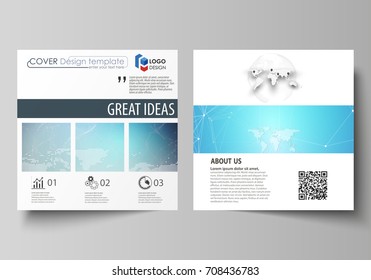 The minimalistic vector illustration of the editable layout of two square format covers design templates for brochure, flyer, booklet. Molecule structure. Science, technology concept. Polygonal design