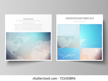 The minimalistic vector illustration of editable layout of two square format covers design templates for brochure, flyer, magazine. Molecule structure. Science, technology concept. Polygonal design