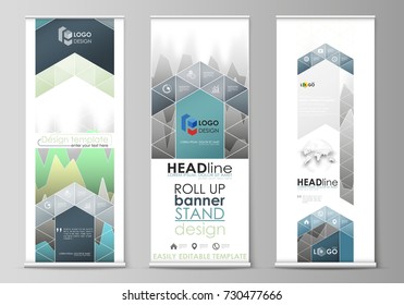 The minimalistic vector illustration of the editable layout of roll up banner stands, vertical flyers, flags design business templates. Rows of colored diagram with peaks of different height