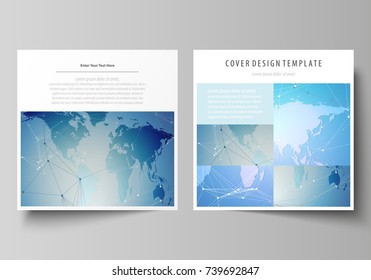 The minimalistic vector illustration of the editable layout of two square format covers design templates for brochure, flyer, booklet. World map on blue, geometric technology design, polygonal texture