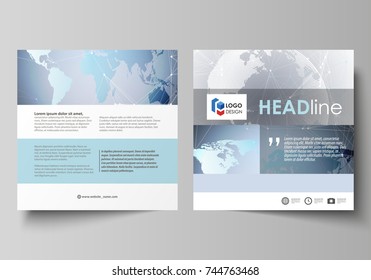 The minimalistic vector illustration of the editable layout of two square format covers design templates for brochure, flyer, booklet. Technology concept. Molecule structure, connecting background.