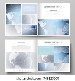The minimalistic vector illustration of the editable layout of two covers templates for square design brochure, flyer, booklet. Technology concept. Molecule structure, connecting background.