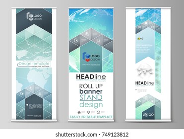 The minimalistic vector illustration of editable layout of roll up banner stands, vertical flyers, flags design business templates. Chemistry pattern, molecule structure, geometric design background.
