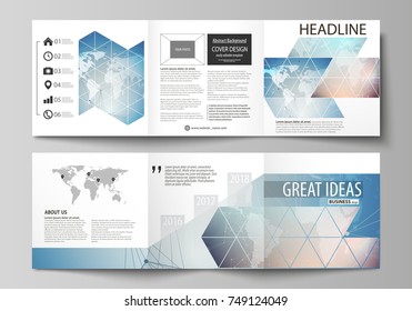 The minimalistic vector illustration of editable layout. Two modern creative covers design templates for square brochure or flyer. Polygonal geometric linear texture. Global network, dig data concept.