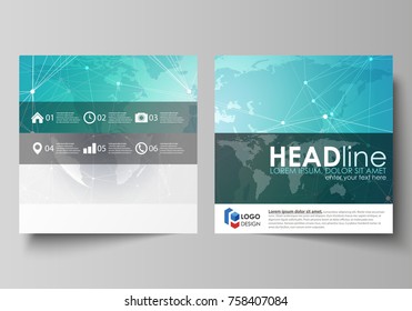 The minimalistic vector illustration of editable layout of two square format covers design templates for brochure, flyer, booklet. Chemistry pattern. Molecule structure. Medical, science background.