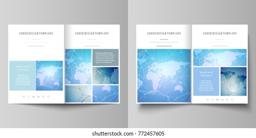The minimalistic vector illustration of editable layout of two A4 format modern covers design templates for brochure, flyer, report. World map on blue, geometric technology design, polygonal texture.