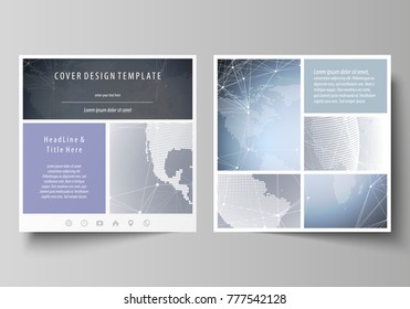The minimalistic vector illustration of the editable layout of two square format covers design templates for brochure, flyer, magazine. Abstract futuristic network shapes. High tech background.