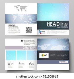 The minimalistic vector illustration of the editable layout of two covers templates for square design brochure, flyer, booklet. Polygonal texture. Global connections, futuristic geometric concept.