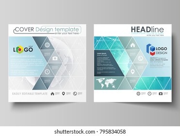 The minimalistic vector illustration of editable layout of two square format covers design templates for brochure, flyer, booklet. Chemistry pattern. Molecule structure. Medical, science background.