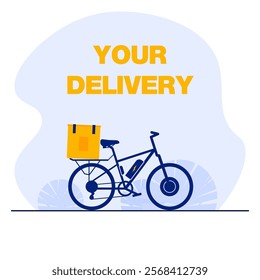 Minimalistic vector illustration of an electric delivery bike with a yellow bag and 'Your Delivery' text. Ideal for logistics, eco-friendly transport, food delivery, and courier services