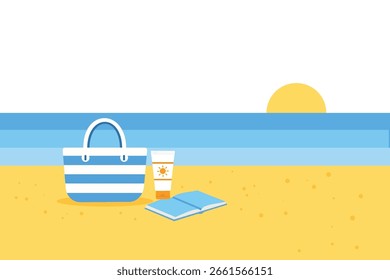 Minimalistic vector illustration featuring a tranquil beach with a striped bag, sunscreen, and a book under a bright sunset.