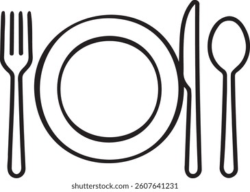 Minimalistic Vector Illustration of a Fork, Knife, Spoon, and Plate on a White Backgrounds