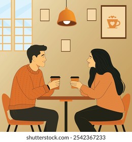 Ilustração vetorial minimalista de um cara e uma menina sentados juntos em uma cafeteria e tendo uma conversa