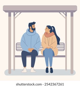 Minimalistic vector illustration of a guy and a girl on a date together at a bus shelter talking