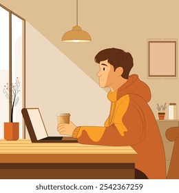 Ilustração vetorial minimalista de um cara sentado em uma cafeteria e trabalhando