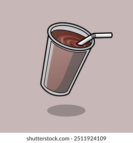 Eine minimalistische Vektorgrafik eines halb vollen Glases Schokoladenmilchshake mit einem Stroh