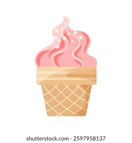 Minimalistic vector illustration of an ice cream cone with a waffle cone base, featuring creamy swirls in pastel pink and white, for stickers, labels, logos, for vacation and summer-themed designs