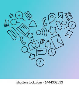 Minimalistic Vector illustration of icons on the topic of internet, applications, business in the form of a heart. Blue Gradient Background.
