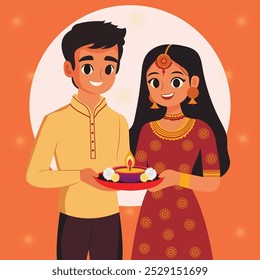 Ilustração vetorial minimalista de um casal indiano celebrando o festival de luzes Diwali