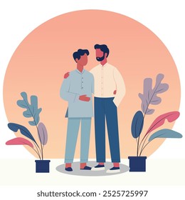 Minimalistic vector illustration of Indian gay couple standing next to each other and hugging in love