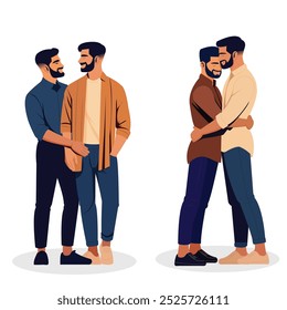 Ilustração vetorial minimalista do casal gay indiano de pé ao lado um do outro e abraçando no amor