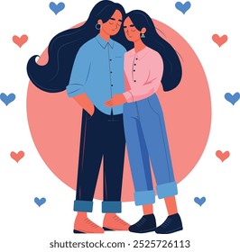 Ilustração vetorial minimalista do casal de lésbicas indianas de pé ao lado um do outro e abraçando no amor