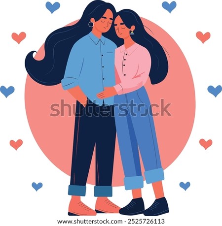 Minimalistic vector illustration of Indian lesbian couple standing next to each other and hugging in love