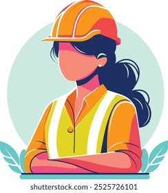 Minimalistic vector illustration of Indian woman working as an Engineer in a construction site wearing a hard hat