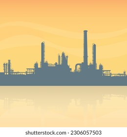 Minimalistic vector illustration of a large oil refinery with an orange evening sky, reflection on water in foreground.