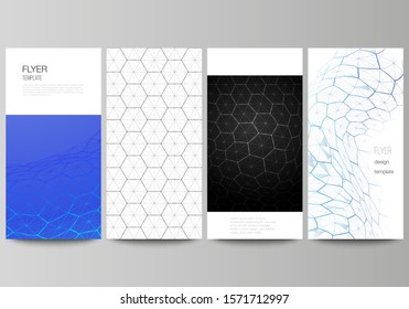 The minimalistic vector illustration layout of flyer, banner design templates. Digital technology and big data concept with hexagons, connecting dots and lines, polygonal science medical background.