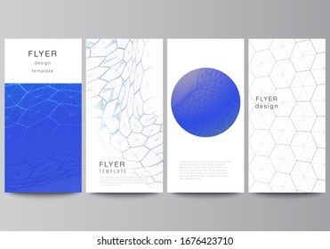 The minimalistic vector illustration layout of flyer, banner design templates. Digital technology and big data concept with hexagons, connecting dots and lines, polygonal science medical background.