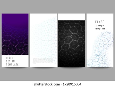 The minimalistic vector illustration layout of flyer, banner design templates. Digital technology and big data concept with hexagons, connecting dots and lines, polygonal science medical background