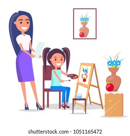 Minimalistic vector illustration of lesson in arts class with teacher and girl with palette in her hand and easel isolated on white background