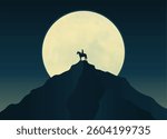 Minimalistic vector illustration of a lone cowboy on horseback atop a mountain peak, silhouetted against a glowing full moon. A dramatic and atmospheric Western night scene