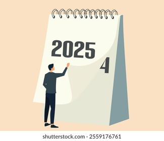 minimalistic vector illustration of a man flipping a calendar page to the year 2025. The clean, modern design conveys themes of new beginnings, transitions, and planning for the future.