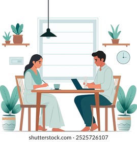 Minimalistic vector illustration of a man and a woman working on a laptop, sitting across each other