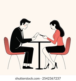Minimalistic vector illustration of a man and woman sitting across a table and working together