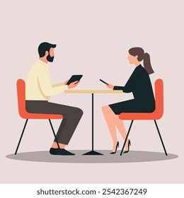 Ilustração vetorial minimalista de um homem e uma mulher sentados sobre uma mesa e trabalhando juntos