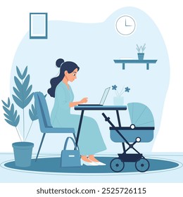 Minimalistic vector illustration of a mother working from home and taking care of her baby