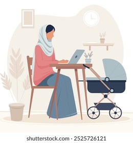 Minimalistic vector illustration of a mother working from home and taking care of her baby