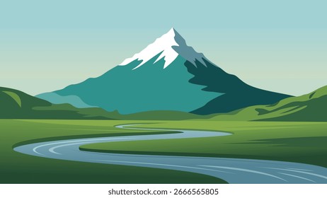 Una Ilustración vectorial minimalista de un paisaje montañoso con siluetas en capas. 