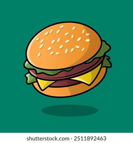 Una Ilustración vectorial minimalista de una deliciosa hamburguesa de queso con lechuga y queso en un bollo de semillas de sésamo