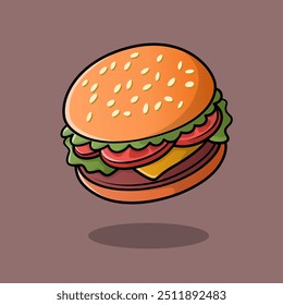 Una Ilustración vectorial minimalista de una deliciosa hamburguesa de queso con lechuga, queso y tomates en un bollo de semillas de sésamo